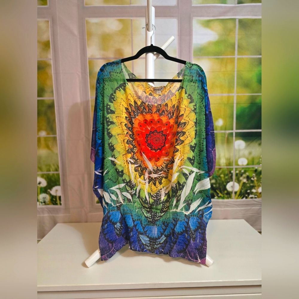 Oneworld 2X Boho Kimono Top – Colorful Mandala Print, Butterfly Festival Vibes
